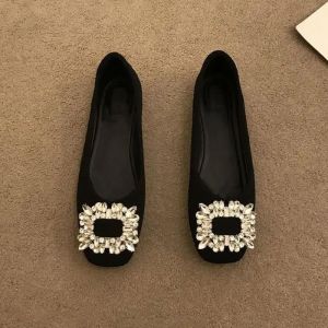 Free Shipping Square-Toe Flat WomenS Shoes 2026 Spring/Autumn New Style Rhinestone Square Buckle Shallow-Mouth Loafers Beanie Shoes Plus-Size WomenS Shoes