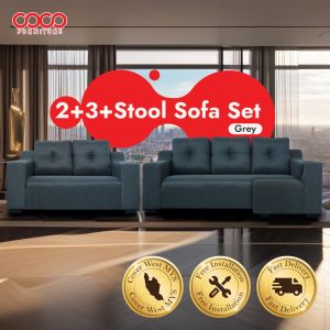 Free Installation COCO Sofa Set 2Seater + 3Seater + Stool 2 Pilow_ Sofa Fabric Grey Colour _ Sofa Mewah _ Minimalist Sofa _ High Leg Sofa Ready Stock