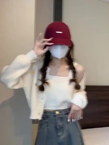 2025Short Knitted Cardigan Womens Autumn Winter Milk Series Clothing Small Size Sweater Jacket Top Strap Vest Two-Piece Set09/08