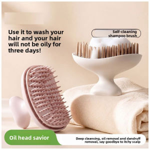 Self-Cleaning Scalp Brush for Hair Washing - Anti-Tangle Shampoo Brush with Press-to-Clean Pop-Up Design Soft TPEE Massage Bristles 3D Curved Head Fit Wet & Dry Use Dandruff & Oil Control (White/Pink)