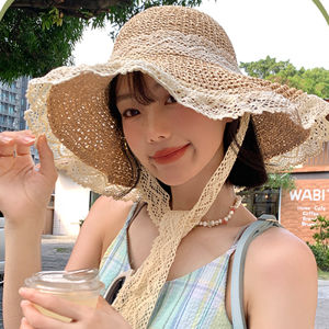 YINGRAN2 Ren ren rỗng mũ rơm cho phụ nữ mùa hè bãi biển đi chơi thoáng khí mặt trời bảo vệ Lớn Vành mũ mặt trời