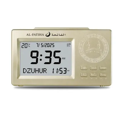 Jam Adzan Digital Hitam dengan Fitur Suara dan Gambar Masjid. Menampilkan Waktu Suhu dan Jadwal Sholat. Cocok untuk Penggunaan di Rumah.