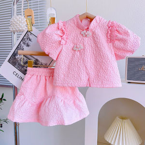 Setelan Anak Perempuan Import Model Cheongsam Mini Rok Lengan Puffy Crinkle Pita Mutiara Terbaru