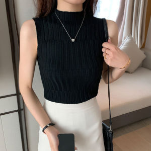 【Ready stock】Half Turtleneck Bottoming Shirt Womens Sleeveless Stripes Knitted Inner Thin Sweater Vest Summer Top