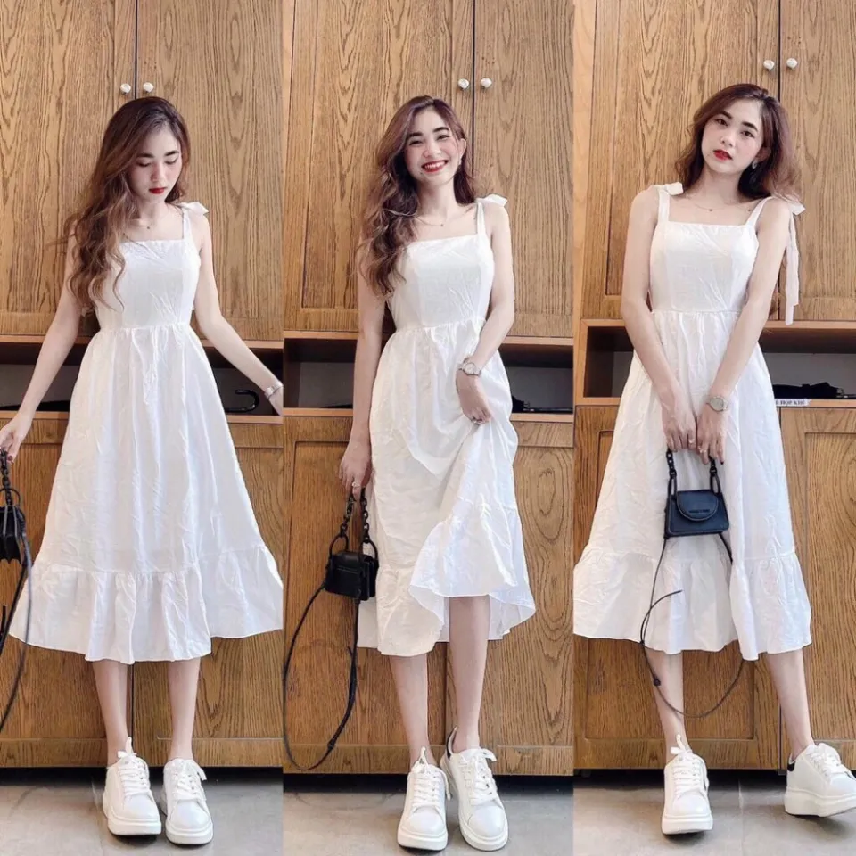 Áo 2 dây váy 2 dây dáng dài dáng dài đầm trắng váy trắng với dây đai không