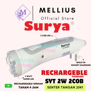 Surya Senter Tangan 2 in 1 SYT 2 Watt + 2 COB LED Hemat Energi Isi Ulang USB Rechargeable Cas 400 mAh Tahan 4 Jam LED Super Terang Sorot Cahaya Jauh Outdoor Lentera Camping Mancing Flashlight Emergency Mati Lampu 2in1 2w + 2w Laz COD Mellius Store