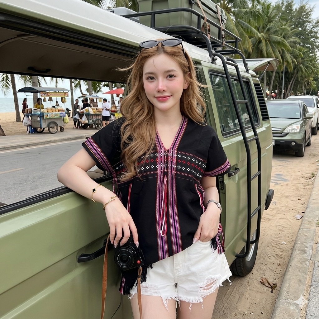 LANNA เสื้อทอมือแท้คอวีหน้าหลัง สุดนุ่ม สีไม่ตก ใส่สบายทุกวัน | Lazada มุมมองที่ 2