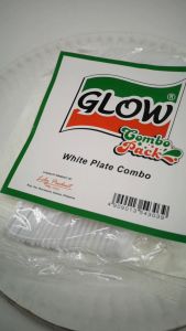GLOW Combo Pack 25pcs Disposable Paper Plate White + 12 Pairs Spoon & Fork Party Set