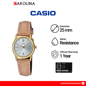 Jam Tangan Wanita Casio LTP-V002GL-7B3 Analog Silver Dial Tan Leather Band