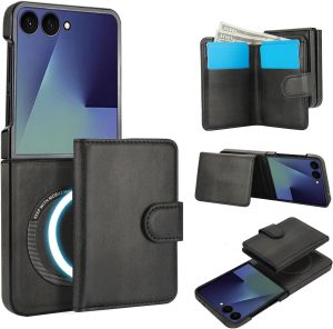 for Samsung Z Flip 7 Case with 2 in 1 Detachable Magnetic Wallet 4 Card Slots and Cash SlotCompatible with MagSafe Wireless Charging RFlD Blocking Leather Case for Galaxy Z Flip 6 CaseZ Flip 5 CaseZ Flip 4 Case