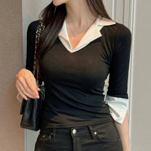 Slim Fit V-Ne Seven Sve T-irt Spring New Design Sense Ele Splice Base irt Top Trendy Korean Sle Commute Faion2026