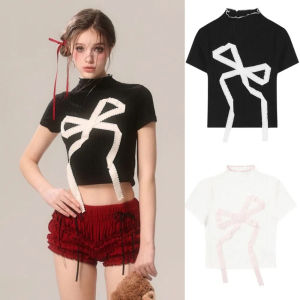 HEALMEYOU Chic Sweet Bow Crop Top Stripe Pullover Short Sleeve Top Solid Color Half High Collar Bow T Shirt Women Women