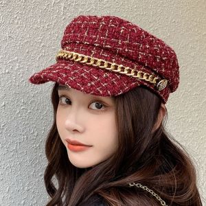 QEARY Warm Casual Artist Hat Metal Chain Korean Style Autumn For Female Octagonal Cap Painter Hat Women Visors Cap Plaid Beret