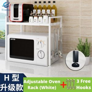 Adjustable Microwave Oven Rack Expandable Retractable kitchen Shelf with 3 hooks
