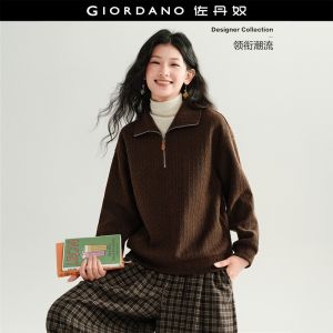 Giordano Women Half zip collar textured knit sweatshirt Free Shipping 18326242