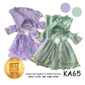 Baju Muslimah Bayi Perempuan 0 6 Bulan Set Kerudung Hijab Warna Sage Green Lilac Ungu Kekinian 2022 KA65