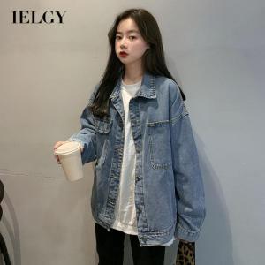 IELGY Retro Loose Polo collar All-match Commuting Long sleeves Womens denim jacket Solid color Casual
