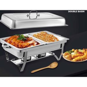 SYN 12L Elegant Stainless Steel Double Basin Chafing Dish with Fuel Holder for Buffet and Catering