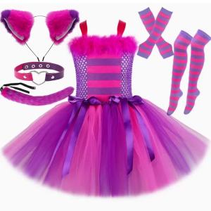 Cartoon Magic Striped Cheshire Cat Tutu Dress Set Girls Halloween Carnival Party Dress New Hot Purple Cat Kids Wonderland Outfit2026