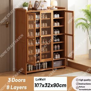 On Hand Bamboo Wooden 6/7/8 Layer Shoe Rack With Door Shoe Cabinet Breathable Bamboo Shoe Cabinet