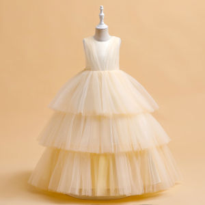 Sleeveless Ceremony Elegant Party Dresses Teens Girls Tulle White Bridesmaid Flower Birthday Wedding Prom Evening Princess Puffy Dress Stage Ball Gown Girl Kids Long Dresses for 4 5 6 7 8 9 10 11 12 13 14 Years Old