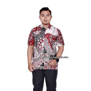 Batik Couple Wanita Dan Pria Bahan Katun Tidak Streetch Lengan Pendek Dan 7/8 Batik Dua Putri Collection = MONAS MERAH