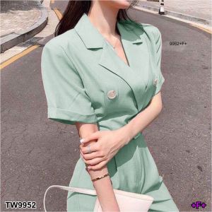 P9952 จั้มสูทคอปกขายาว + สายเข็มขัดรัดเอว Long-sleeved jumpsuit + waist belt