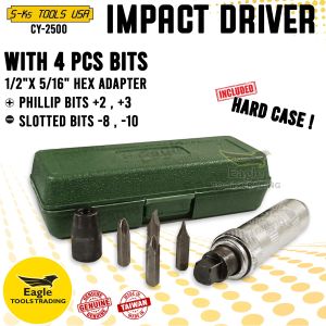 Sks Tools USA Impact Driver (4 pcs Bit & Blow Case) | 1/2" x 5/16" hex adapter Phillip Bits +2 +3 Slotted Bits -8 -10