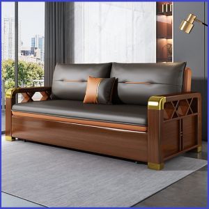 Sofa giường gỗ đa năng gấp gọn thành ghế khung thép sơn tĩnh điện chống gỉ có ngăn chứa đồ bằng gỗ