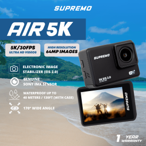 Supremo Air 5K Action Camera - Black Ultra HD & 64MP Photos IP68 Professional Waterproof Case