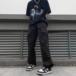 Plus Size Black Slim Fit Tactical Cargo Pants for Men Stylish Hip Hop Design with Six Multi-Functional Pockets Perfect for Work Outdoor and Casual Wear