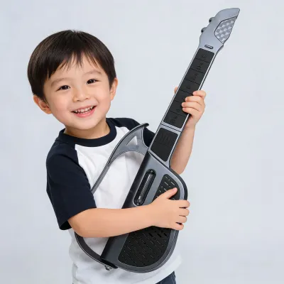 Generic Kids Smart Stringless Guitar with Auto Tone Adjustment for Beginners Foldable Toy Musical Instrument for Toddler Plastic Electric Guitar for Young Musicians (Black)