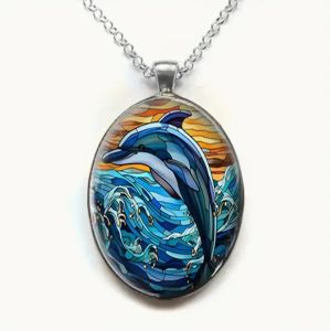 Oval Shaped Glass Pendant Necklace with Dolphin Pattern Romantic and Fashionable Jewelry