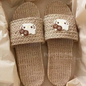 [Free Shipping] Cartoon Harajuku-style cat cotton-linen slippers ins-style comfortable home flat breathable open-toe slide sandals