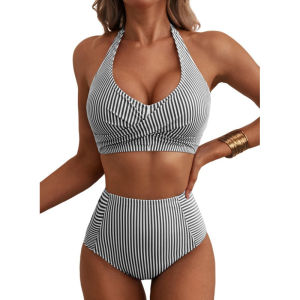 2026 Hot Sale [ Shipped from China ]2026 New womens high-waisted style  2  Two-piece bikini set halter neck patch pocket swimsuit striped swimsuit beach swimsuit B3