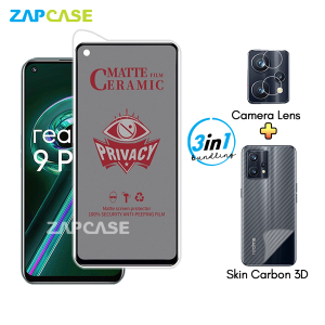 Paket 3in1 Anti Gores Layar Privasi Realme 9 Pro Free Tempered Glass Camera dan Skin Carbon