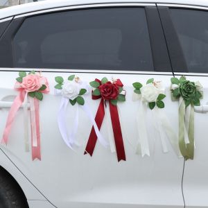 NOBLELYN Silk Wedding Car Flowers Artificial European Style Door Handle Decorative Flowers Bowknot Rearview Mirror Decor Floral Wedding Car