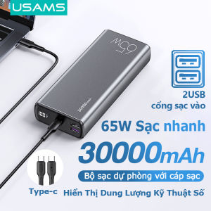 USAMS 30000mAh Sạc Dự Phòng Sạc nhanh PD65W QC3.0 với cáp sạc Type-c Hiển Thị Dung Lượng Kỹ Thuật Số Sạc Di Động Sạc Pin Ngoài Điện Thoại Di Động 30000mAh Sạc Dự Phòng Dành Cho 100% hàng chính hãng