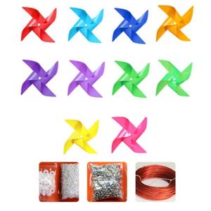 100pcs Windmill + 30m Wire Rope + Fitting Waterproof Resistance Damage Plastic Windmill Toy Garden Lawn Party Decor Gift