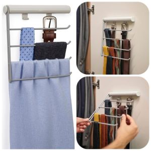 DSFIF Self-adhesive Trouser Necktie Display Rack 4 Layers Sliding Belt Storage Rack Durable Hanging Closet Organizer Sundries