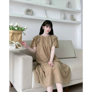 VÁY BẦU BABYDOLL TẦNG CARO HOA NỔI-ĐẦM BẦU XINH THIẾT KẾ VIỀN CỔ ĐEN TAY BUỘC NƠ ĐIỆU ĐÀ