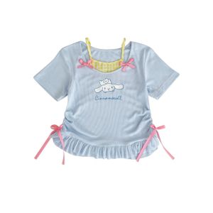 เสื้อยืดแขนสั้นเด็กผู้หญิง 2025 สไตล์เกาหลี ใหม่ สไตล์หวาน เสื้อยืดสองชิ้นปลอม พิมพ์การ์ตูนน่ารัก