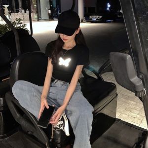 Women Printing Short Sleeve Fit Crop Top T-Shirt Baju Wanita 女装上衣 Korean Clothing Sun Moon Flower Butterfly T-010