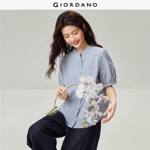 Giordano Women Scalloped placket band collar checkered shirt Free Shipping 18346722