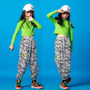 LOlanta Girls Hip Hop Dance Clothes Long Sleeve Green Top or Striped Drawstring Sweatpants Kids Street Dance Clothes