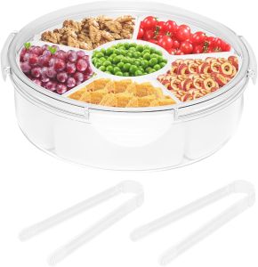Qivine Veggie Tray with Lid for Fridge Portable Vegetable Tray with Lid and Dip 6 Compartments Divided Serving Tray with Lid and Handle Round Veggie Trays for Serving for Party with 2 Clips
