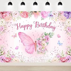 Floral Butterfly Birthday Backdrop for Girls Birthday Party Decoration Banner Photo Background