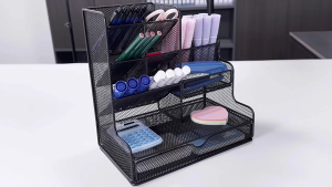 Multifunctional Desk Pen Organizers Space Saving Desk Organizers with Sliding Drawer Metal Pen for Office School Dorm