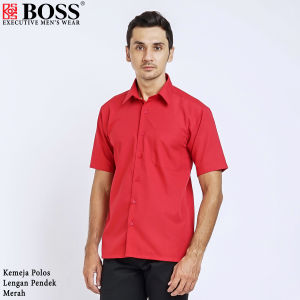 BOSS Kemeja Polos Pria Lengan Pendek Regular Fit Merah