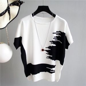 Yitiaoyu Round Neck T-shirt Womens Loose Plus Size Fashion Color Matching Short Sleeve Shirt